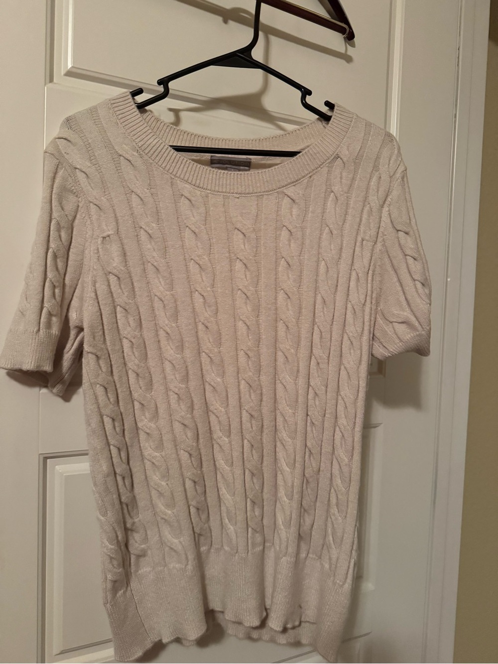 Cream Cable-Knit Short Sleeve Scoop Neck Sweater